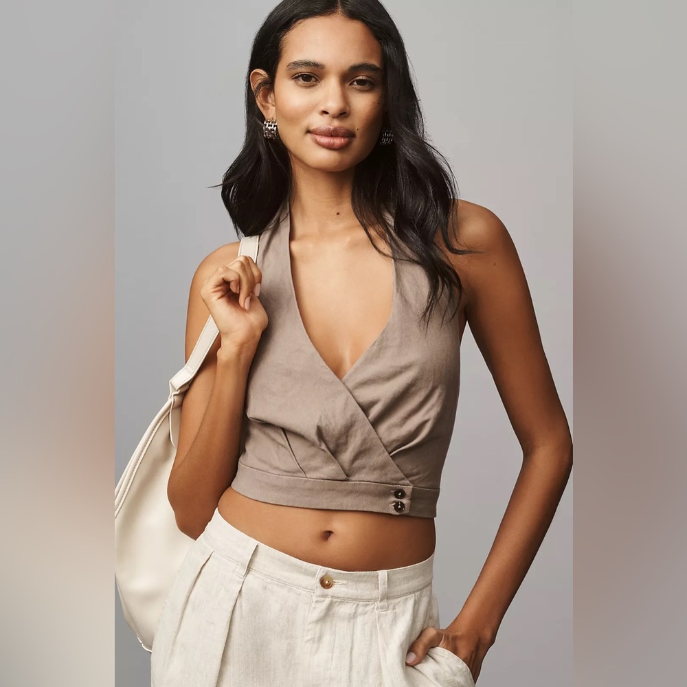 Maeve Anthropologie Linen Draped Halter Top in Brown size medium